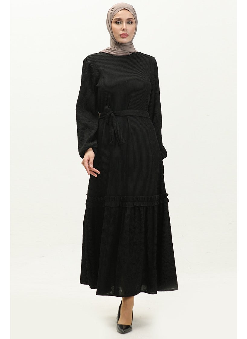 Sefa Merve - Corduroy Belted Dress 0261-03 Black - Image 1