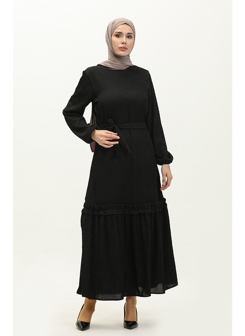 Sefa Merve - Corduroy Belted Dress 0261-03 Black - Image 1