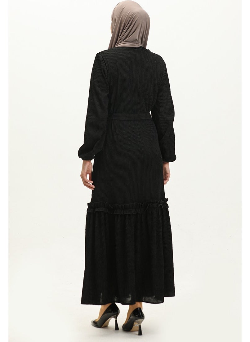 Sefa Merve - Corduroy Belted Dress 0261-03 Black - Image 1