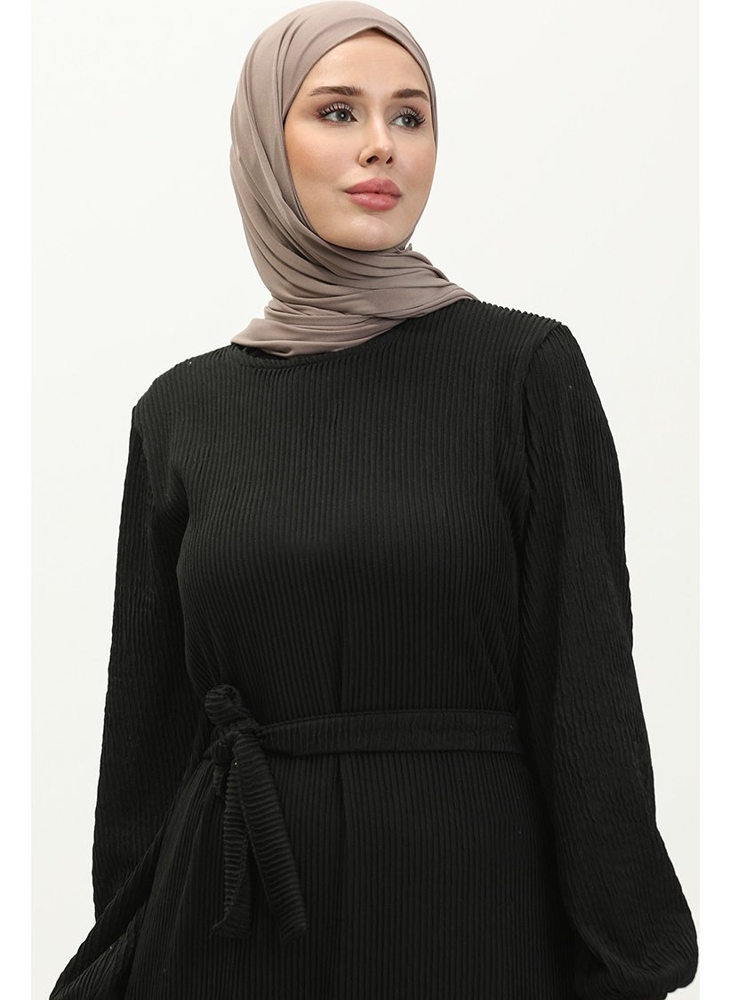 Sefa Merve - Corduroy Belted Dress 0261-03 Black - Image 1