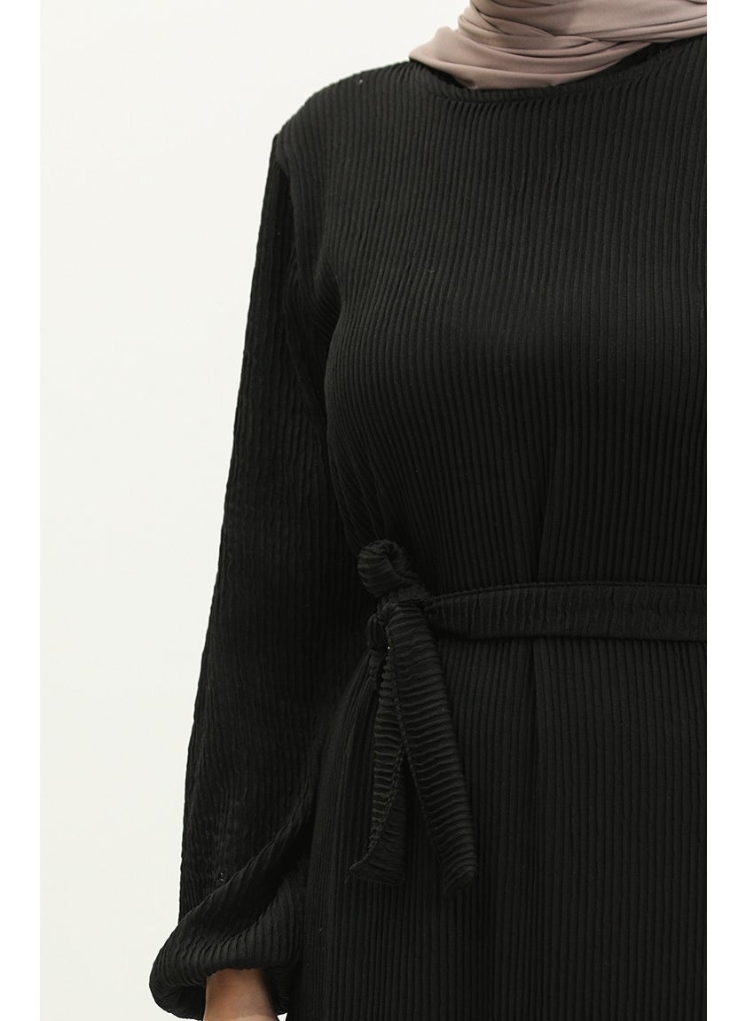 Sefa Merve - Corduroy Belted Dress 0261-03 Black - Image 1