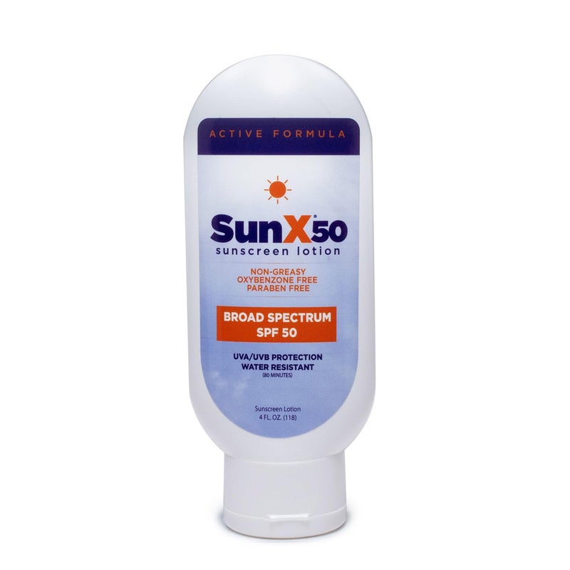 CoreTex Sun X 50 SPF Broad Spectrum Sunscreen Lotion - 4oz Tottle of Paraben, Oxybenzone, Octinoxate, & Oil Free Sunscreen - No White Cast and Water & Sweat Resistant Up to 80 Minutes