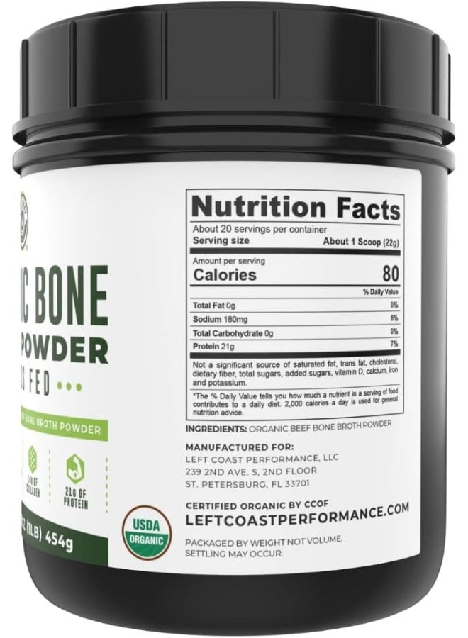 Left Coast Performance Organic Grass Fed Beef Bone Broth Protein Powder - 470Ml, 20 Servings. Unflavoured, Pure. Keto Friendly Protein Powder. Paleo, Usda Certified Organic - Image 2