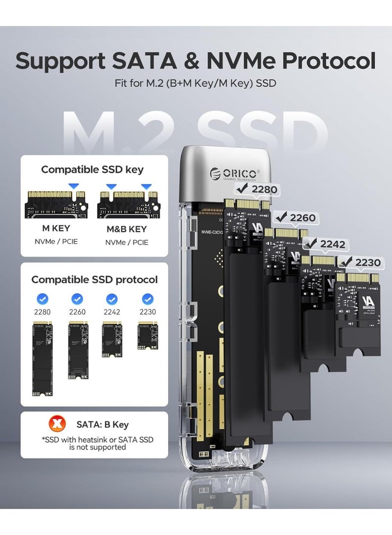 ORICO M.2 NVMe SATA SSD Case [Toolless], USB C to C 3.2 Gen 2 10Gbps NVMe PCIe, 6Gbps SATA/NGFF M2 Adapter, Supports UASP Trim for SSD M-Key/(B+M) Key 2230/2242/2260/2280-TXM2M - Image 2