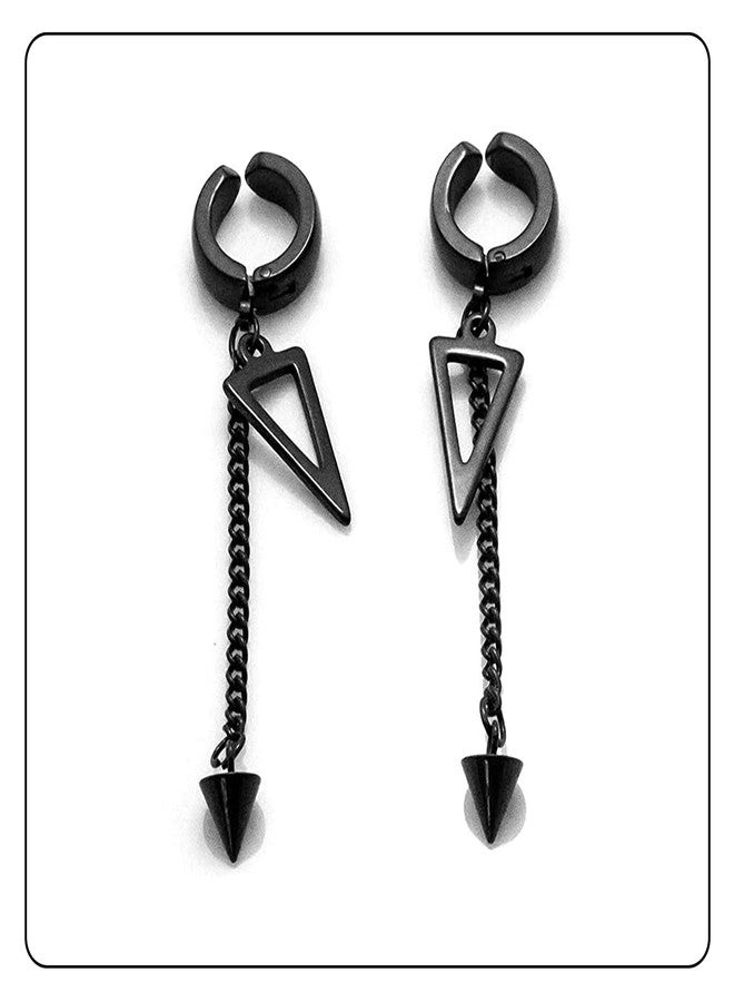 Fusamk Punk Rock Stainless Steel Triangle Ear Clip Earrings Spike Long Chain Dangle Earrings - Image 5