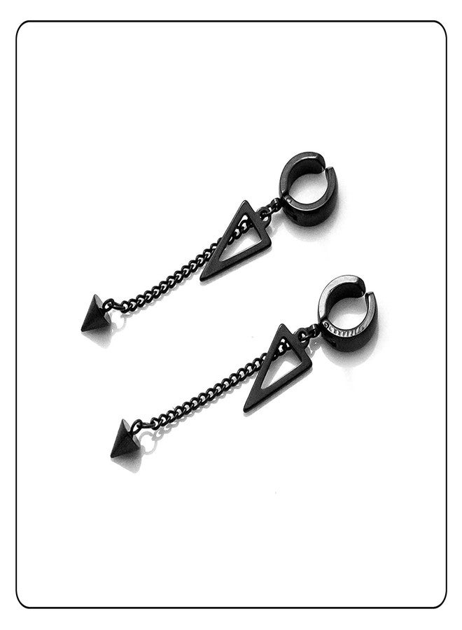 Fusamk Punk Rock Stainless Steel Triangle Ear Clip Earrings Spike Long Chain Dangle Earrings - Image 4