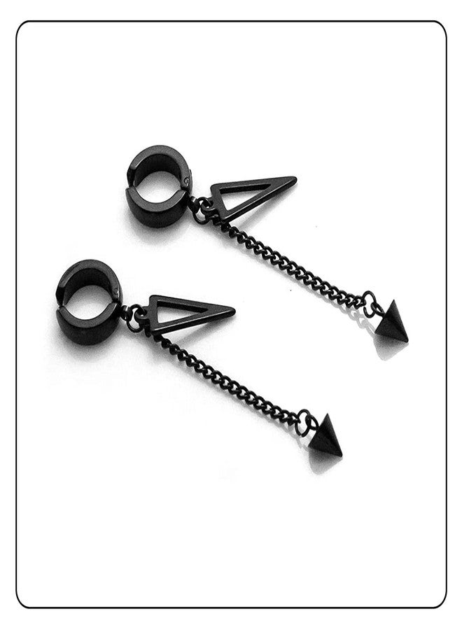 Fusamk Punk Rock Stainless Steel Triangle Ear Clip Earrings Spike Long Chain Dangle Earrings - Image 3