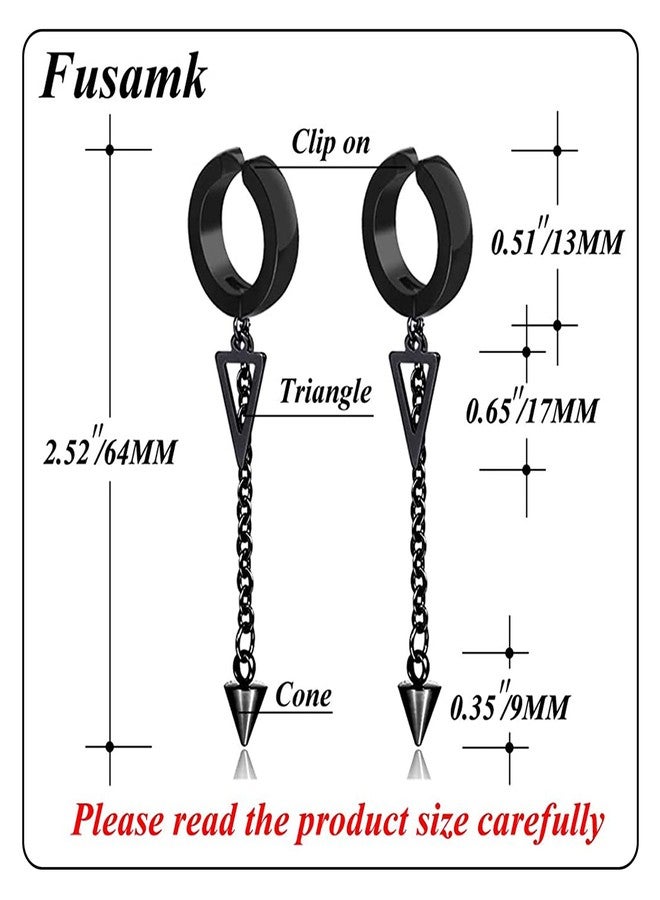 Fusamk Punk Rock Stainless Steel Triangle Ear Clip Earrings Spike Long Chain Dangle Earrings - Image 2