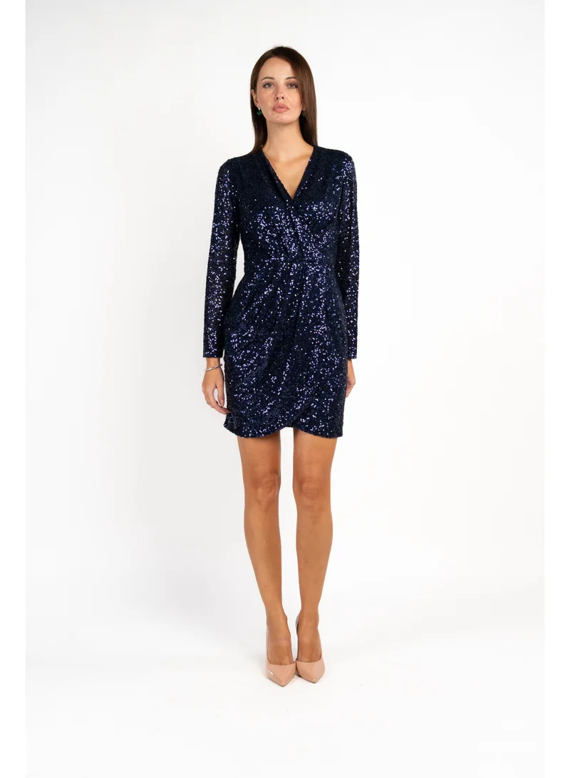 Fashonara  Sequenced Shimmery Draped Long Sleeve Dress in Navy for Women | Best Price UAE