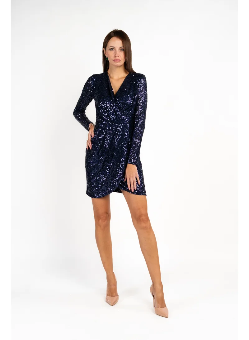 Fashonara  Sequenced Shimmery Draped Long Sleeve Dress in Navy for Women | Best Price UAE