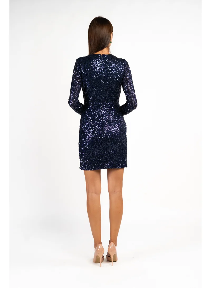 Fashonara Sequenced Shimmery Draped Long Sleeve Dress in Navy