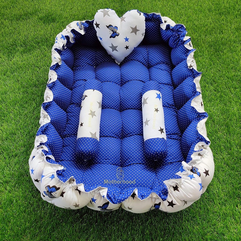 MOTHERHOOD MOTHERHOOD Rectangle Baby Tub Bed 3 pc Pillow Luxury Mattress Bed Sleeper Bedding Set coSleeper Safe Cotton Fabric with RFilled UltraSoft Comfortable for Newborn Blue - Image 1
