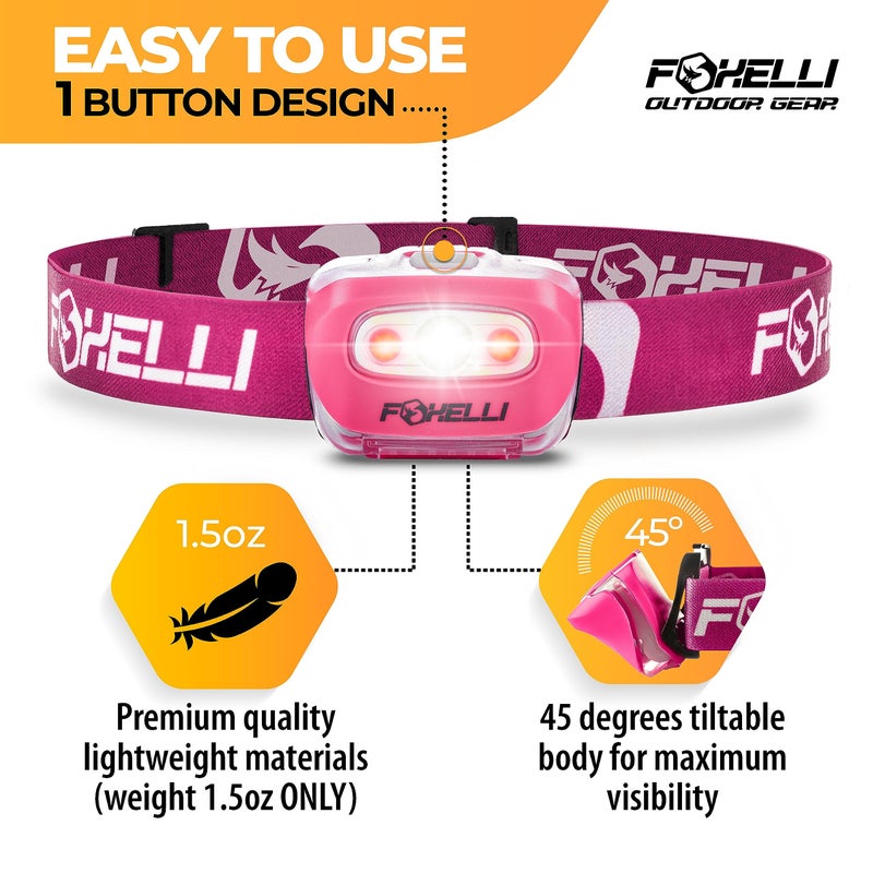 Foxelli LED Headlamp Flashlight for Adults & Kids, Running, Camping, Hiking Head Lamp with White & Red Light, Comfortable Headband, Lightweight & Waterproof, 3 AAA Batteries - Image 2