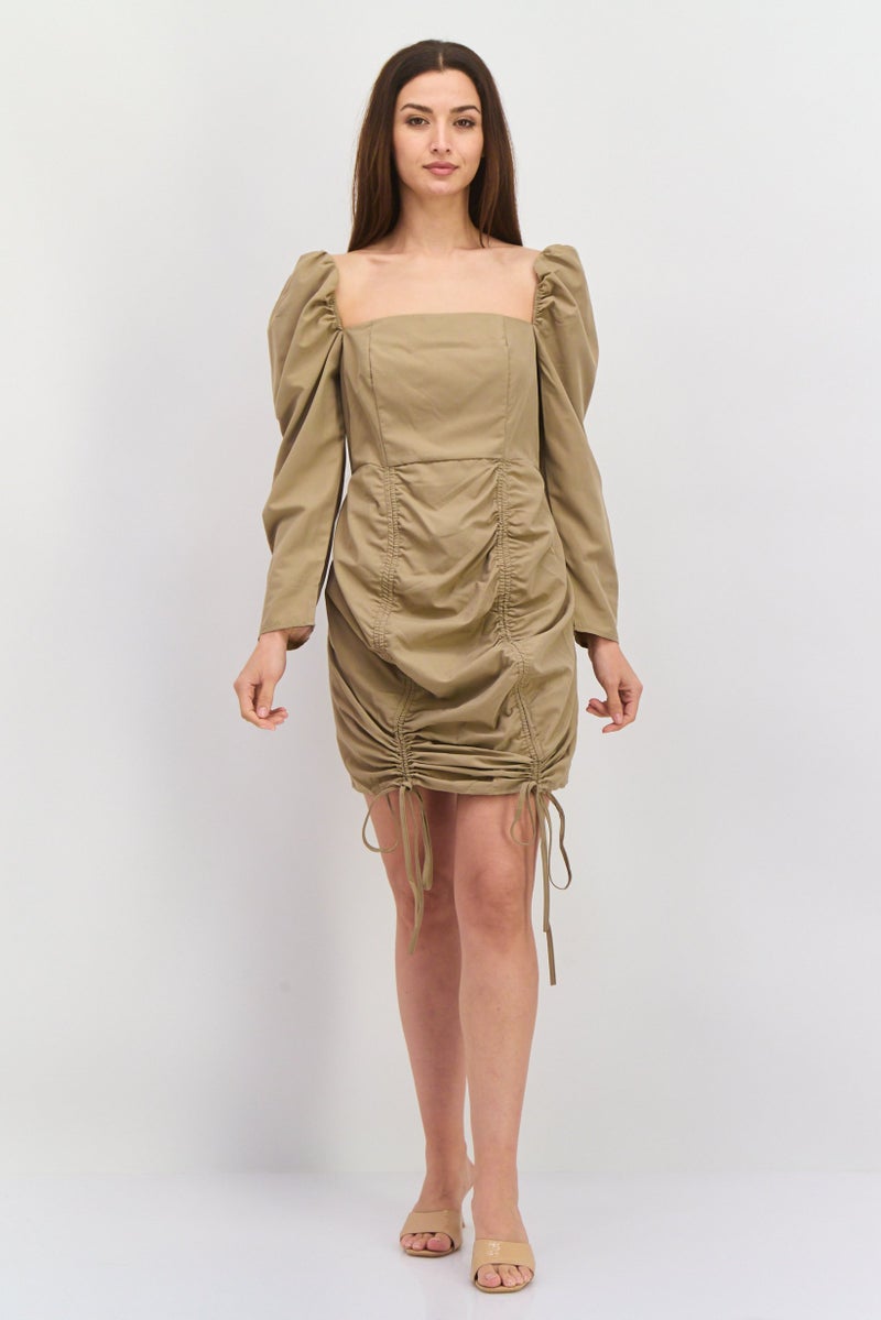 Missguided Women Petite Ruched Mini Dress, Khaki - Image 2