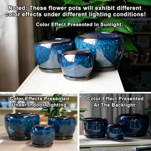 SQOWL Ceramic Planter 8 Inch - Pot for Indoor Outdoor Plants Round Ceramic Plant Pot with Drainage Hole and Saucer Modern Flower Pot Glazed Blue - Image 5