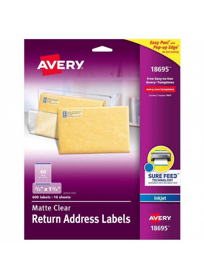 Avery Printable Return Address Labels with Sure Feed, 2/3" x 1-3/4", Matte Clear, 600 Blank Mailing Labels (18695) - Image 1