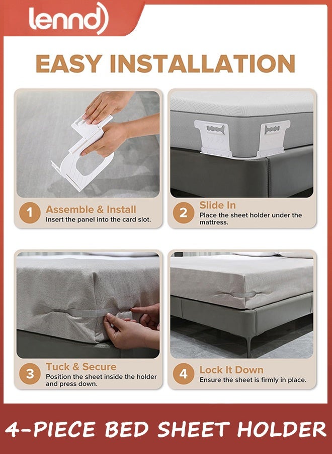 LENND Lock Bed Sheet Holders for Corners - Bed Sheet Holder Straps Fit for All Mattress Types, Fitted Sheet Holders Keep Sheets Firm & Tight, Easy Installation Sheet Clips, Stay (4pcs, White) - Image 3