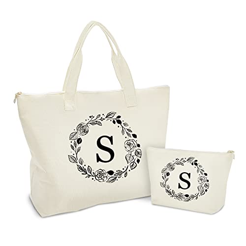 Binggemen Personalized Initial Canvas Tote Bag with Zipper, Present Bag with Inner Pocket & Make Up Bag, Great Gifts for Women, Mom, Teachers, Friends, Bridesmaids - Image 1