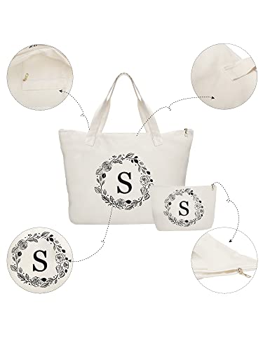 Binggemen Personalized Initial Canvas Tote Bag with Zipper, Present Bag with Inner Pocket & Make Up Bag, Great Gifts for Women, Mom, Teachers, Friends, Bridesmaids - Image 2
