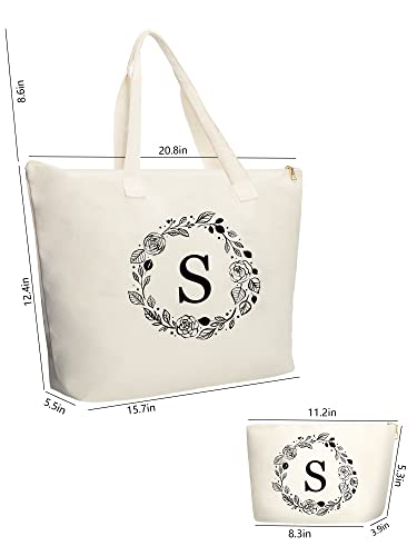 Binggemen Personalized Initial Canvas Tote Bag with Zipper, Present Bag with Inner Pocket & Make Up Bag, Great Gifts for Women, Mom, Teachers, Friends, Bridesmaids - Image 3
