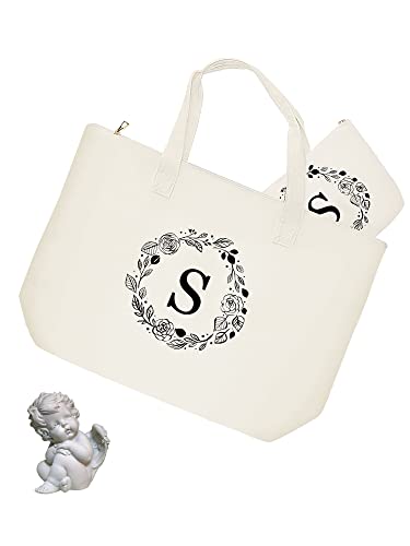 Binggemen Personalized Initial Canvas Tote Bag with Zipper, Present Bag with Inner Pocket & Make Up Bag, Great Gifts for Women, Mom, Teachers, Friends, Bridesmaids - Image 4