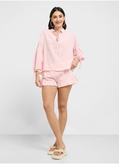 Ginger Cotton Oversize Tie Up Detail Blouse & Short Coord Set  - Image 1