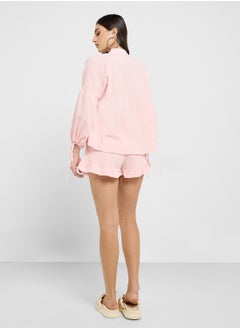 Ginger Cotton Oversize Tie Up Detail Blouse & Short Coord Set  - Image 2