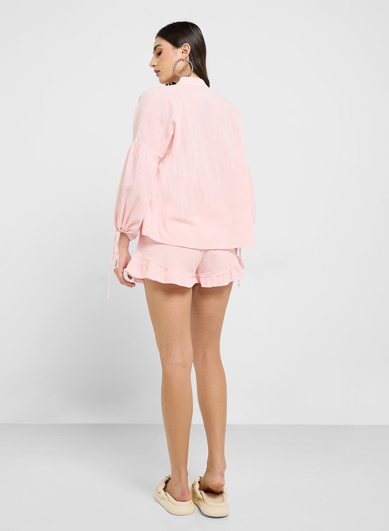Ginger Cotton Oversize Tie Up Detail Blouse & Short Coord Set - Image 2