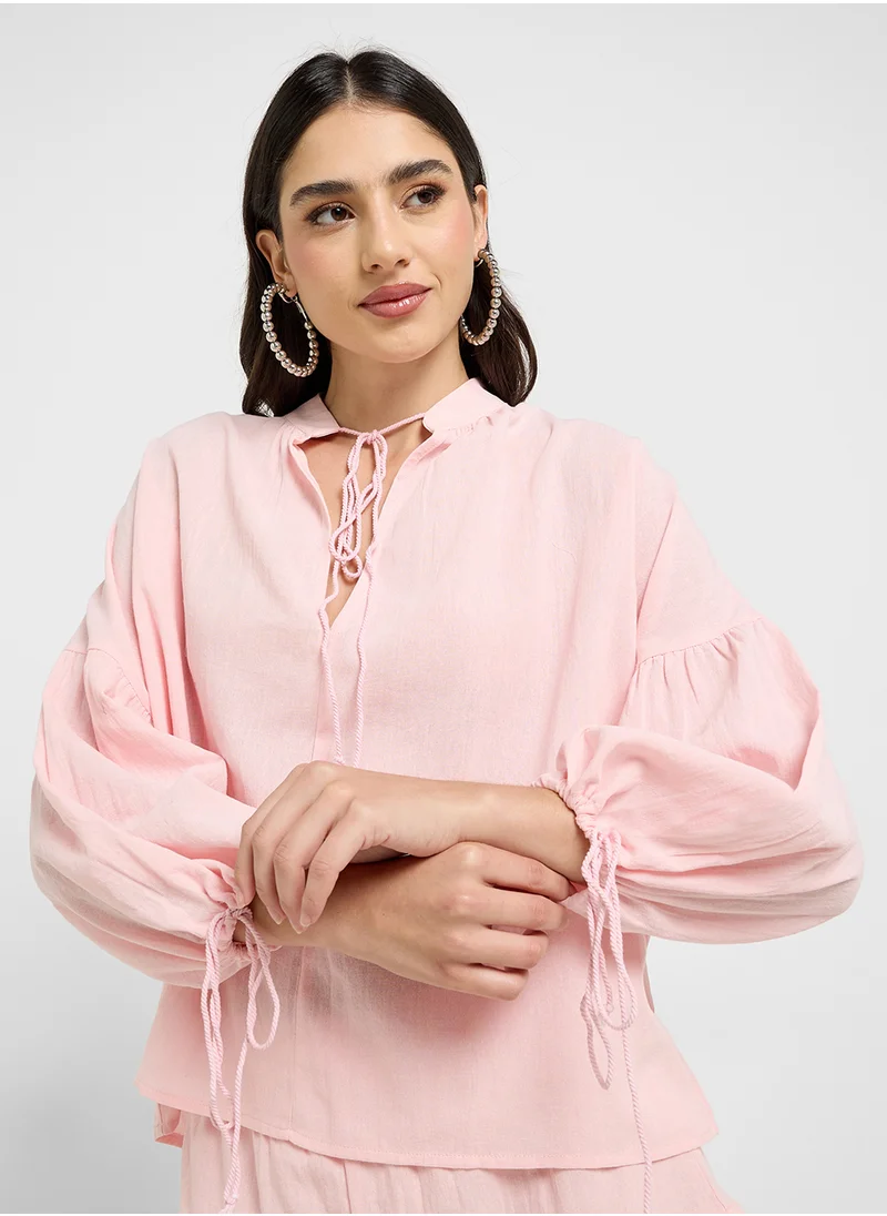 Ginger Cotton Oversize Tie Up Detail Blouse & Short Coord Set