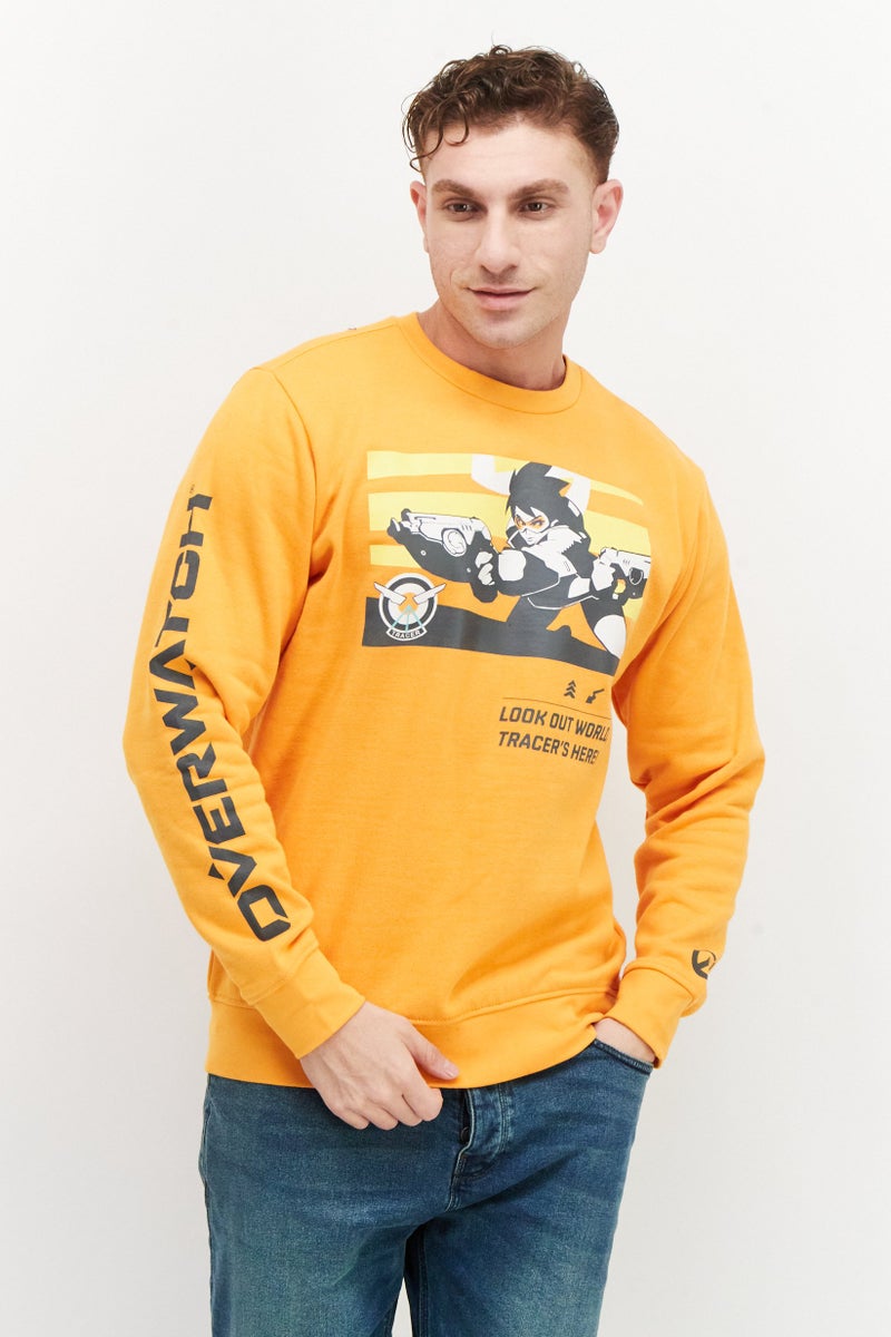 DIFUZED سويت شيرت رجالي بأكمام طويلة وياقة دائرية، طباعة جرافيك، مجموعة برتقالية - Image 1