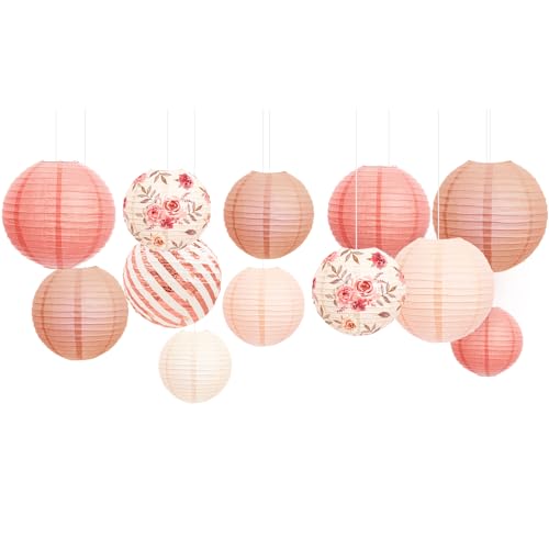 NICROLANDEE Wedding Party Decorations - 12PCS Rose Gold Vintage Floral Paper Lantern Hanging Decorations for Bridal Shower Anniversary Baby Shower Bachelorette Birthday, Valentines Day Party Decor - Image 1