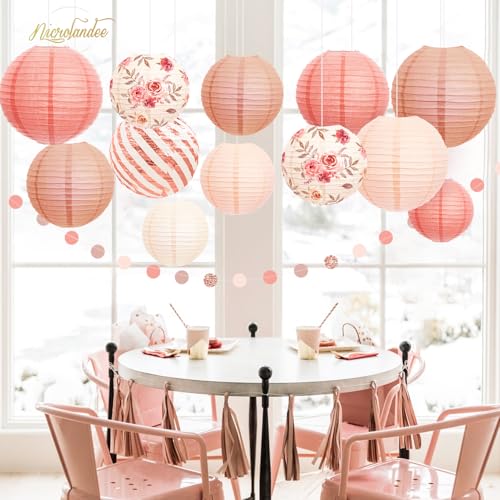 NICROLANDEE Wedding Party Decorations - 12PCS Rose Gold Vintage Floral Paper Lantern Hanging Decorations for Bridal Shower Anniversary Baby Shower Bachelorette Birthday, Valentines Day Party Decor - Image 4