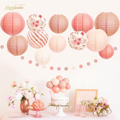 NICROLANDEE Wedding Party Decorations - 12PCS Rose Gold Vintage Floral Paper Lantern Hanging Decorations for Bridal Shower Anniversary Baby Shower Bachelorette Birthday, Valentines Day Party Decor - Image 5