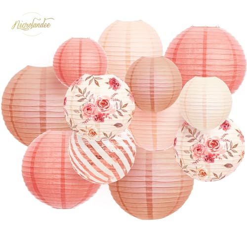 NICROLANDEE Wedding Party Decorations - 12PCS Rose Gold Vintage Floral Paper Lantern Hanging Decorations for Bridal Shower Anniversary Baby Shower Bachelorette Birthday, Valentines Day Party Decor - Image 2