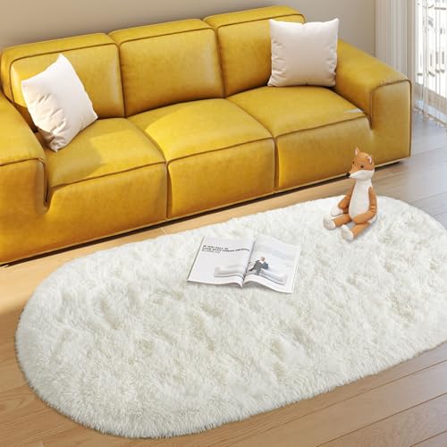 WISH TREE Soft Fluffy Area Rug for Bedroom Cream White Fuzzy Shaggy Oval Throw Rugs for Bedside NonSlip Cozy Plush Shag Carpet for Kids Room Nursery Dorm Living Room 26 x 53 Feet - Image 3