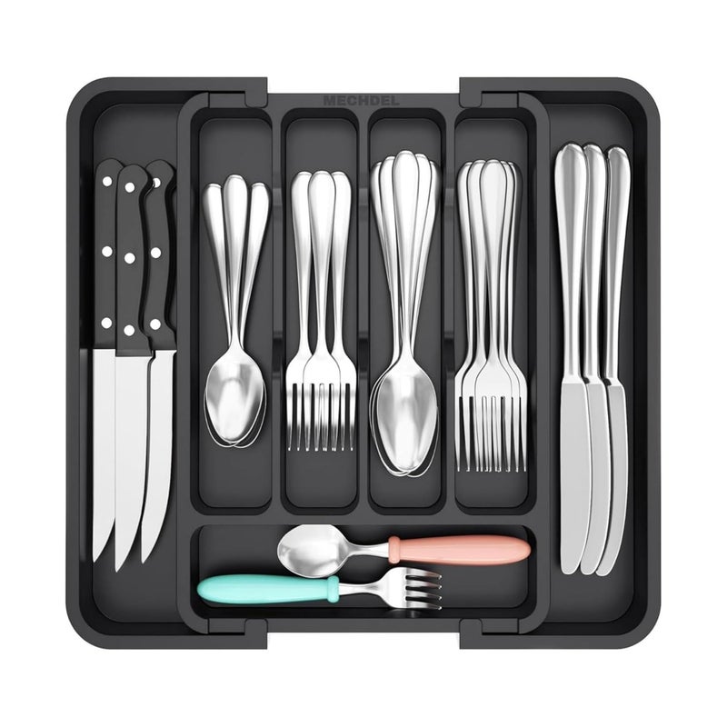 mechdel Drawer Organizer Expandable BPA Free Utensil Tray for Kitchen Adjustable Flatware and Cutlery Holder for Spoons Forks Knives Plastic Kitchen Organizers and Storage BLACK 8Slots - Image 4