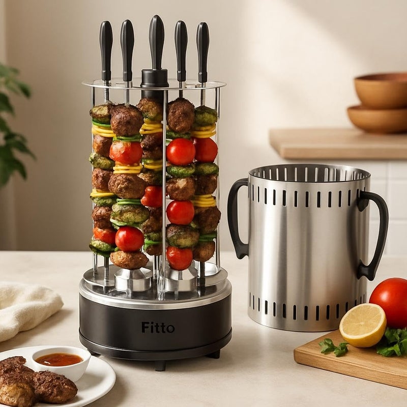 Fitto 1000W Smoke Free Vertical Electric Grill Indoor Barbecue 360 Degree BBQ Grill Machine, Silver - Image 2