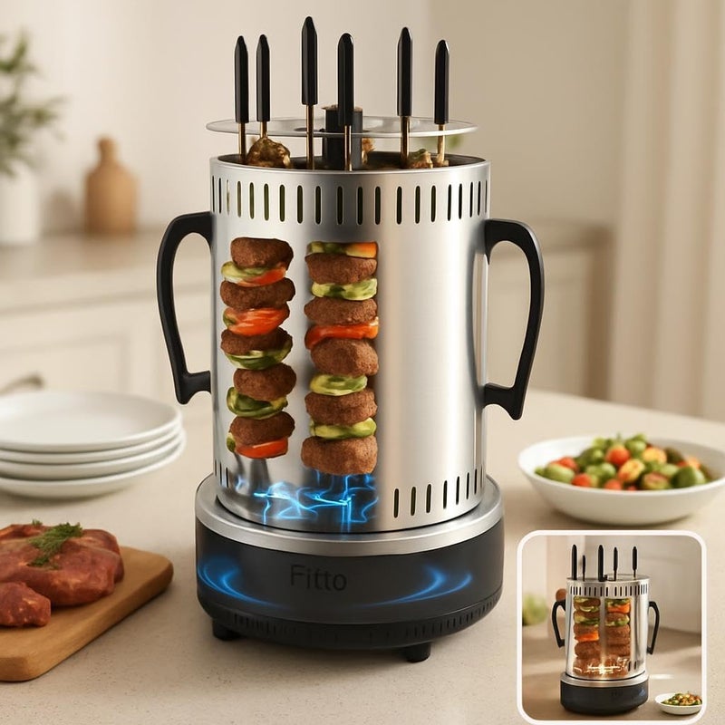 Fitto 1000W Smoke Free Vertical Electric Grill Indoor Barbecue 360 Degree BBQ Grill Machine, Silver - Image 3