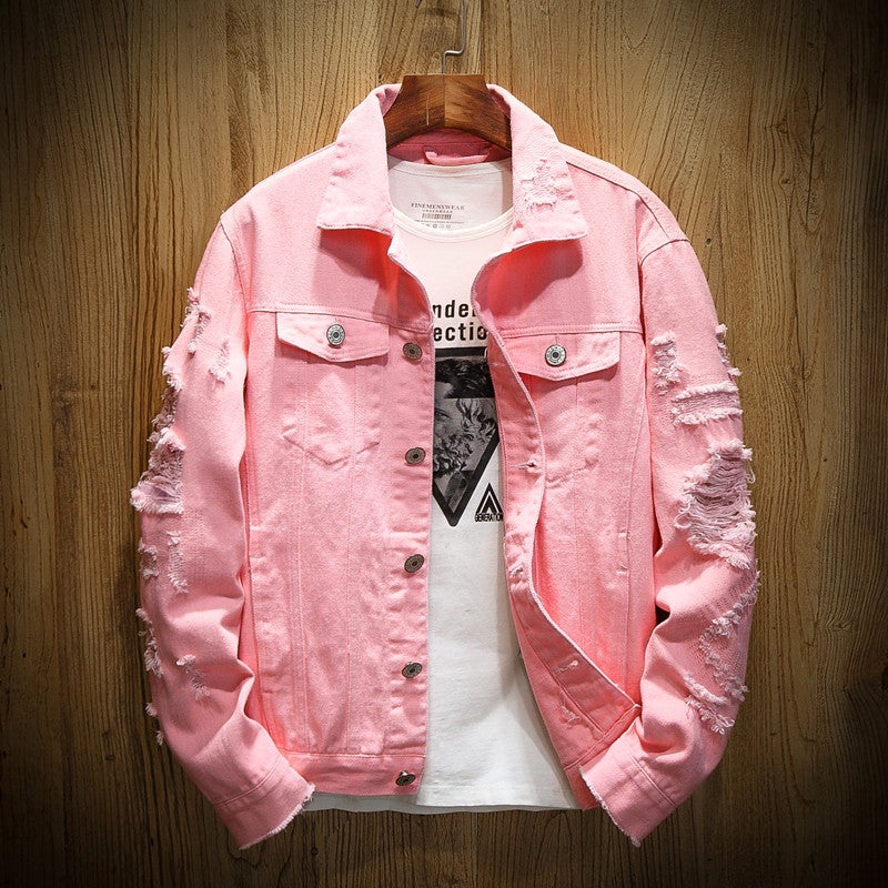 Mens Denim coat spring and autumn Korean style fashionable all-matching workwear loose jacket autumn ins fashion brand autumn clothing Pink Pink - Image 1