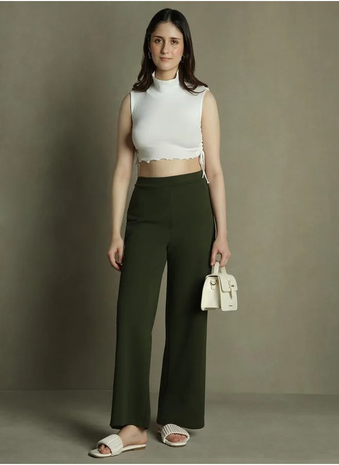 Dennis Lingo Olive Wide Leg Trousers for Women - Relaxed Fit, Stylish