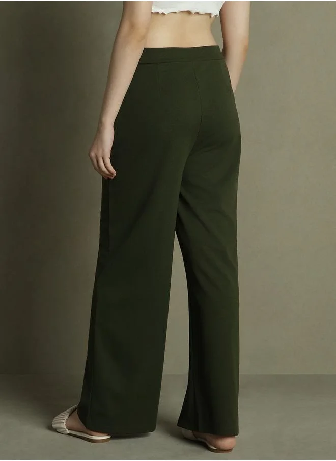 Dennis Lingo Olive Wide Leg Trousers for Women - Relaxed Fit, Stylish