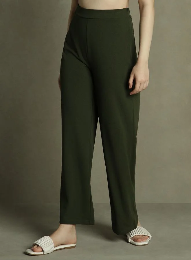 Dennis Lingo Olive Wide Leg Trousers for Women - Relaxed Fit, Stylish