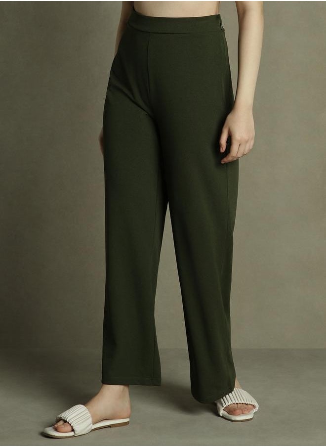 Dennis Lingo Olive Wide Leg Trousers for Women - Relaxed Fit, Stylish  - Image 5