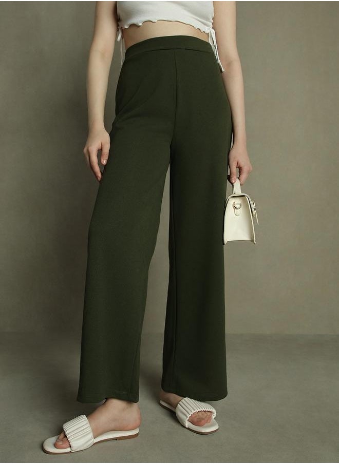 Dennis Lingo Olive Wide Leg Trousers for Women - Relaxed Fit, Stylish  - Image 3