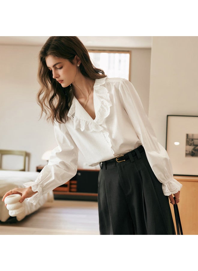 Olrain French Lace Shirt Women's Autumn New Elegant Commuter Ruffled Collar Blouse Off-white XL - Image 1