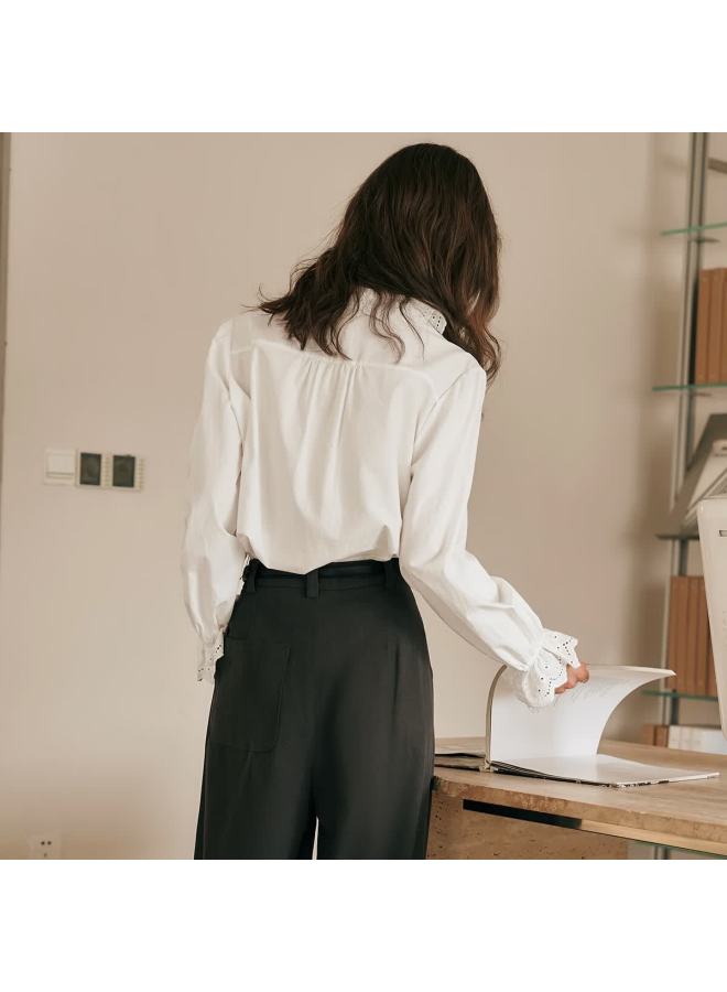Olrain French Lace Shirt Women's Autumn New Elegant Commuter Ruffled Collar Blouse Off-white XL - Image 2