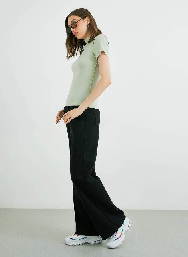 Take Two Take Two Solid High Neck Stitch Detail Regular Fit T-Shirt