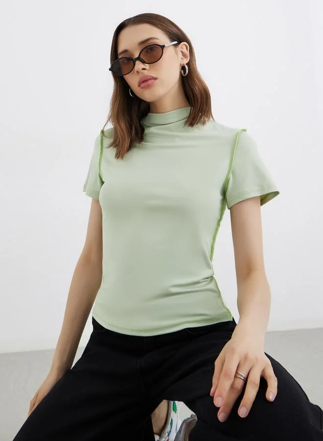 Take Two Take Two Solid High Neck Stitch Detail Regular Fit T-Shirt
