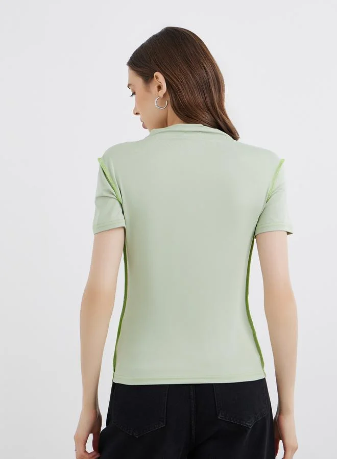 Take Two Take Two Solid High Neck Stitch Detail Regular Fit T-Shirt