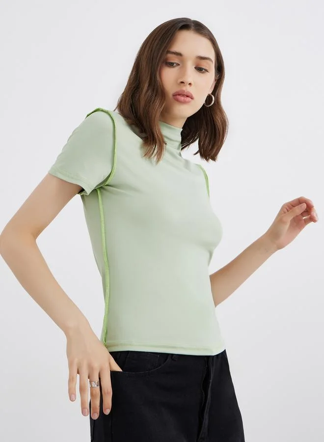 Take Two Solid High Neck Stitch Detail Regular Fit T-Shirt